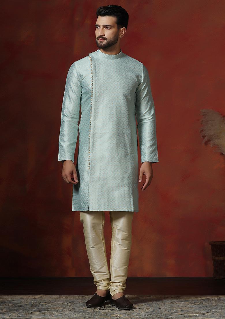 Sky Blue Printed Cotton Blend Kurta Churidar Set For Men - Indya