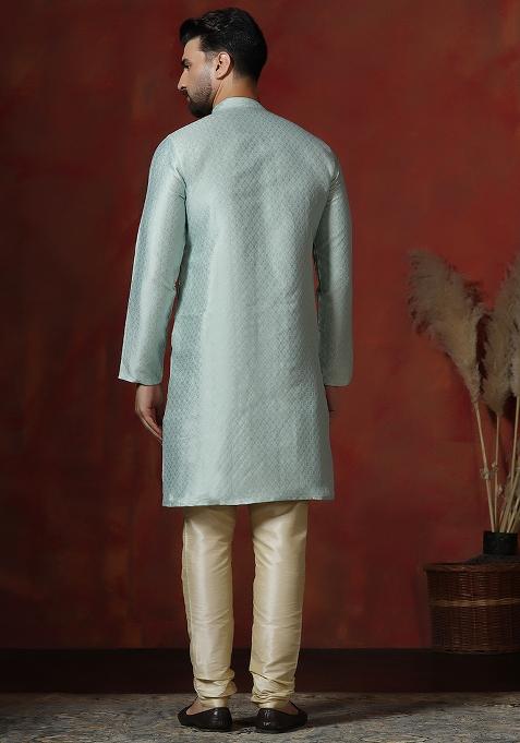 Sky Blue Printed Cotton Blend Kurta Churidar Set For Men