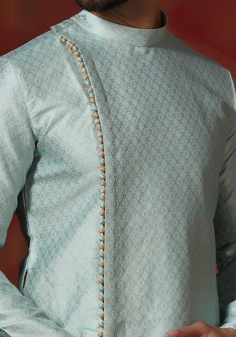 Sky Blue Printed Cotton Blend Kurta Churidar Set For Men
