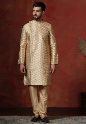 Yellow Printed Cotton Blend Kurta Pyjama Set For Men