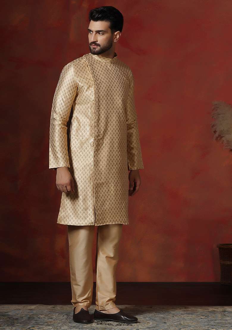 Yellow Printed Cotton Blend Kurta Pyjama Set For Men - Indya