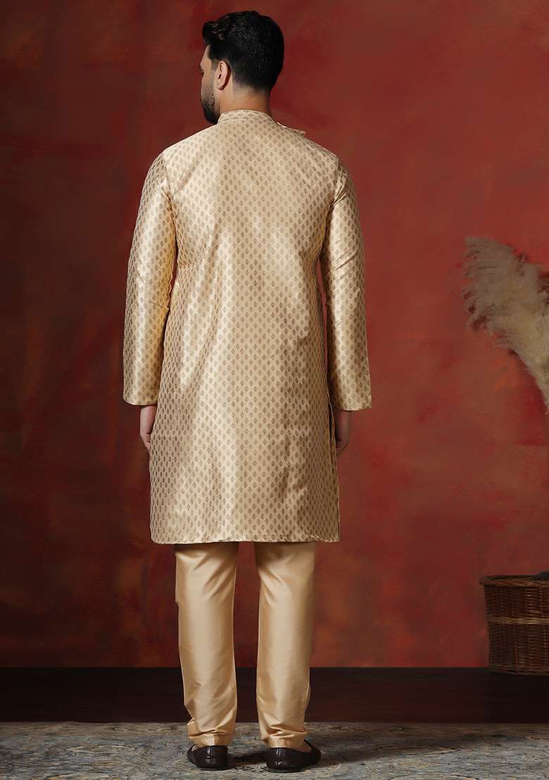 Yellow Printed Cotton Blend Kurta Pyjama Set For Men - Indya