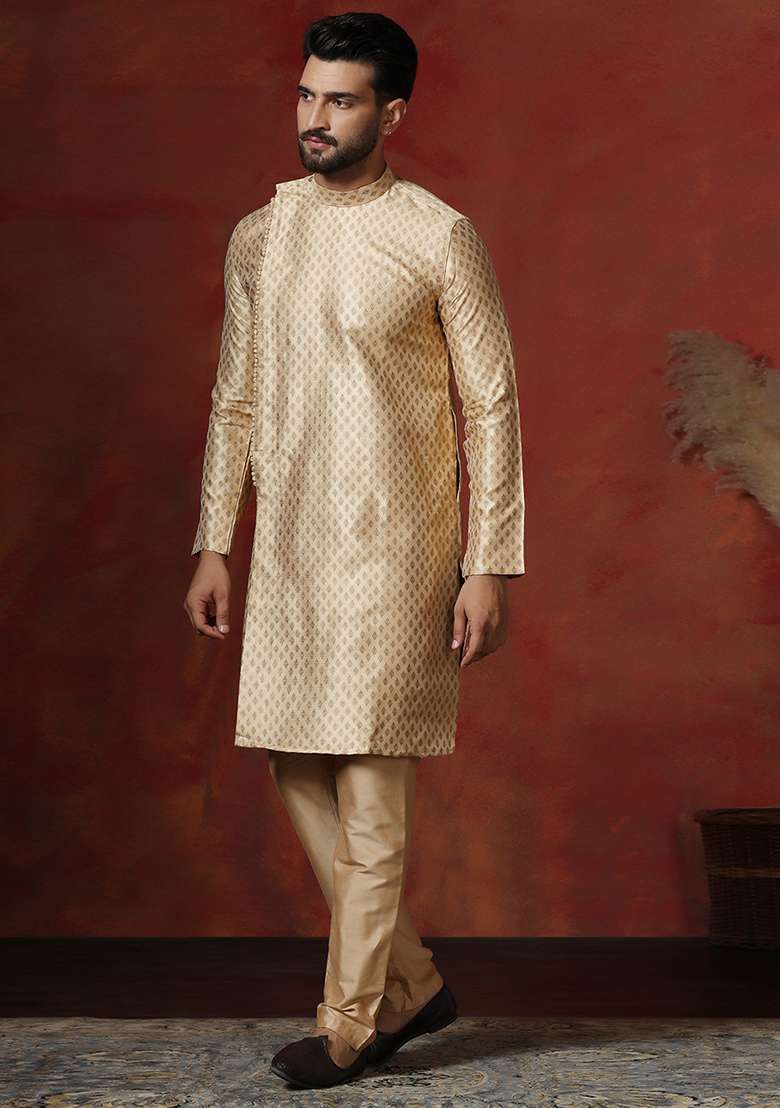 Yellow Printed Cotton Blend Kurta Pyjama Set For Men - Indya
