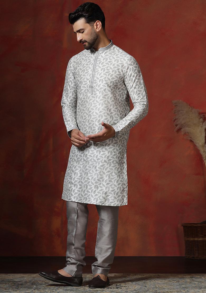 Grey Printed Dupion Kurta Churidar Set For Men - Indya
