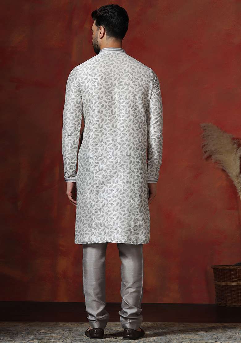 Grey Printed Dupion Kurta Churidar Set For Men - Indya