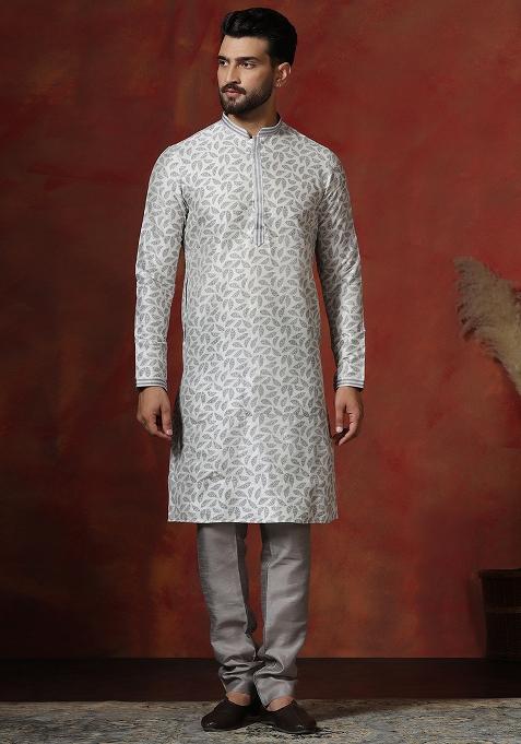 Grey Printed Dupion Kurta Churidar Set For Men