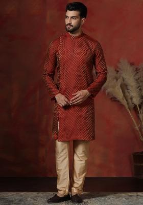 Maroon Printed Cotton Blend Kurta Pyjama Set For Men