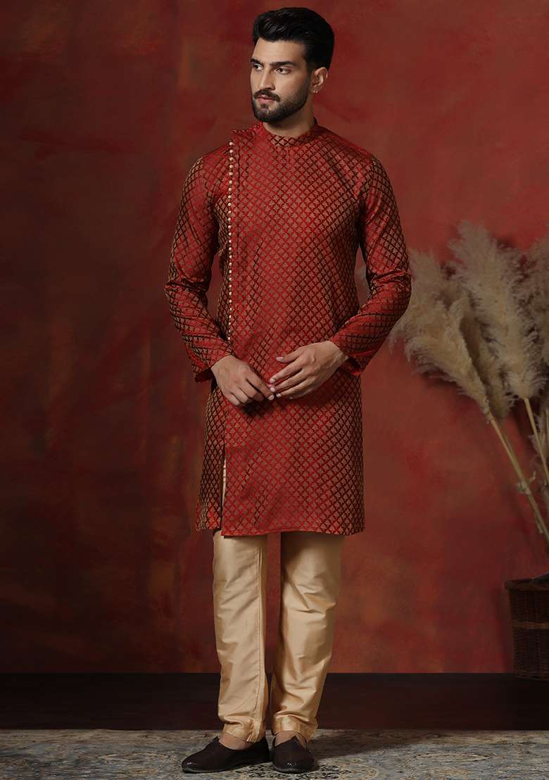 Maroon Printed Cotton Blend Kurta Pyjama Set For Men - Indya