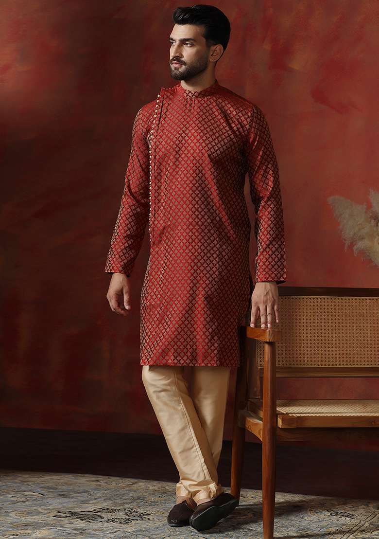 Maroon Printed Cotton Blend Kurta Pyjama Set For Men - Indya