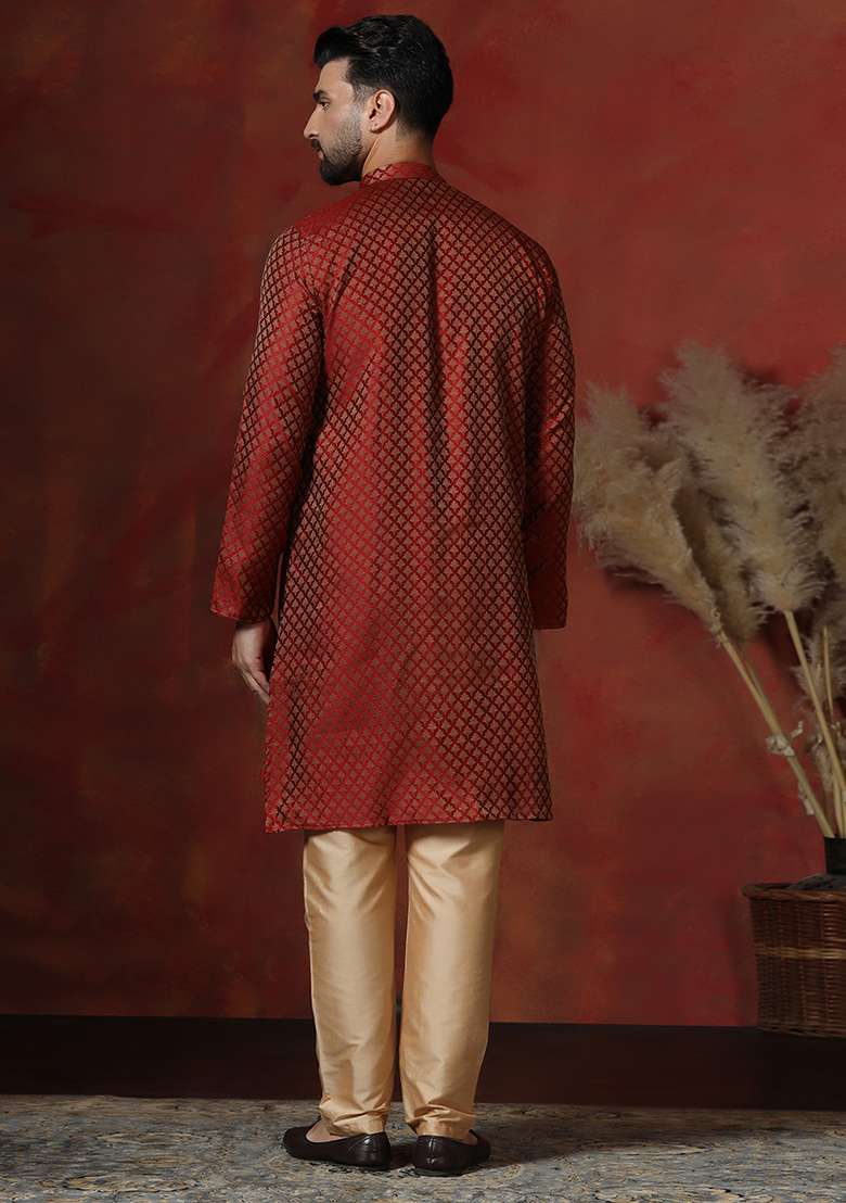 Maroon Printed Cotton Blend Kurta Pyjama Set For Men - Indya