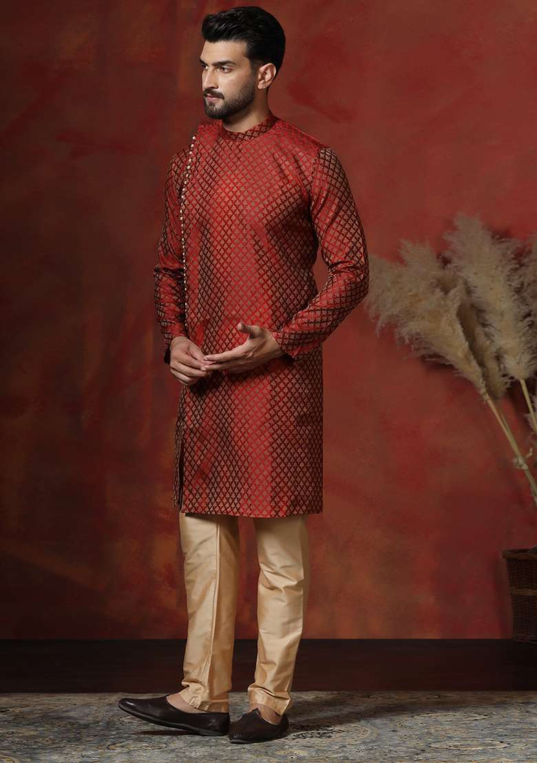 Maroon Printed Cotton Blend Kurta Pyjama Set For Men - Indya
