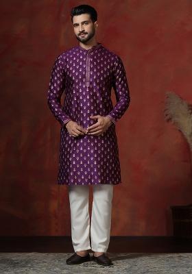 Purple Printed Dupion Kurta Pyjama Set For Men