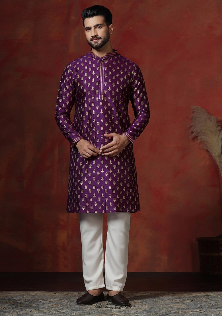 Purple Printed Dupion Kurta Pyjama Set For Men