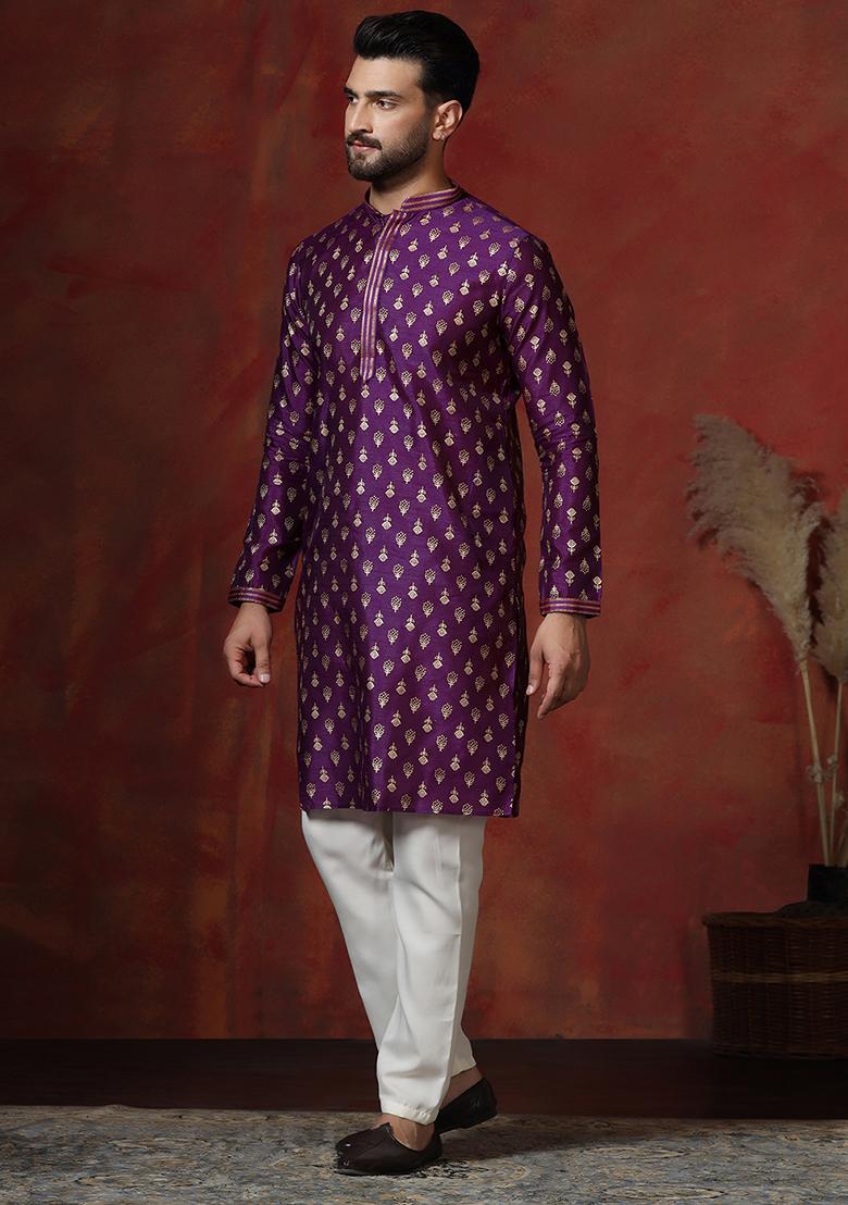 Purple Printed Dupion Kurta Pyjama Set For Men - Indya