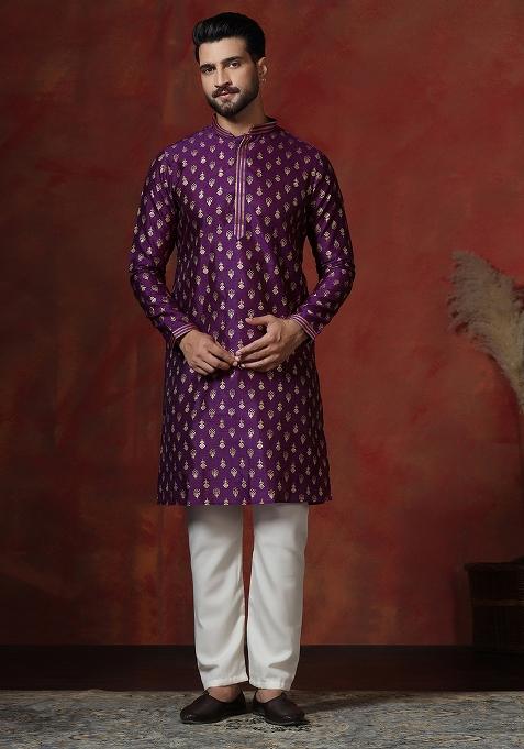 Purple Printed Dupion Kurta Pyjama Set For Men