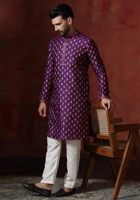 Purple Printed Dupion Kurta Pyjama Set For Men