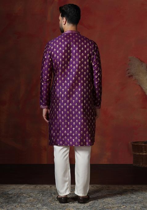 Purple Printed Dupion Kurta Pyjama Set For Men