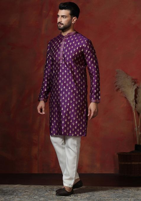 Purple Printed Dupion Kurta Pyjama Set For Men