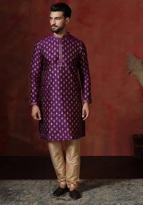 Purple Printed Dupion Kurta Pyjama Set For Men