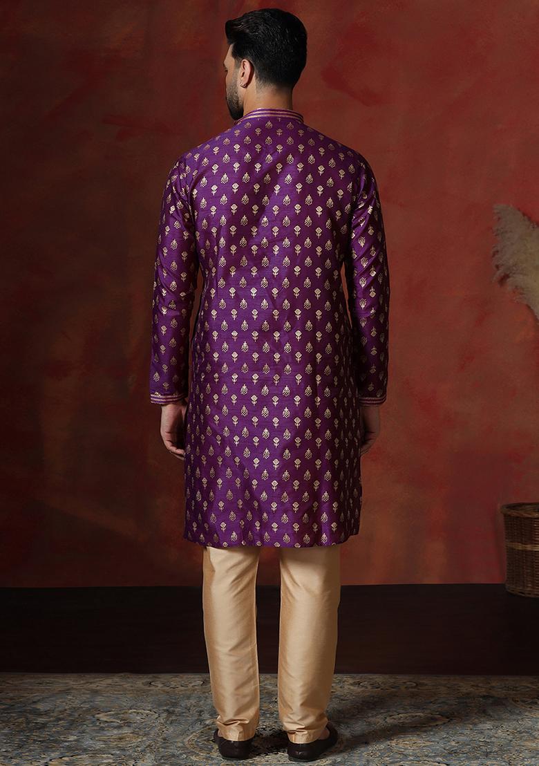 Purple Printed Dupion Kurta Pyjama Set For Men - Indya