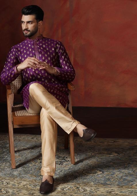Purple Printed Dupion Kurta Pyjama Set For Men