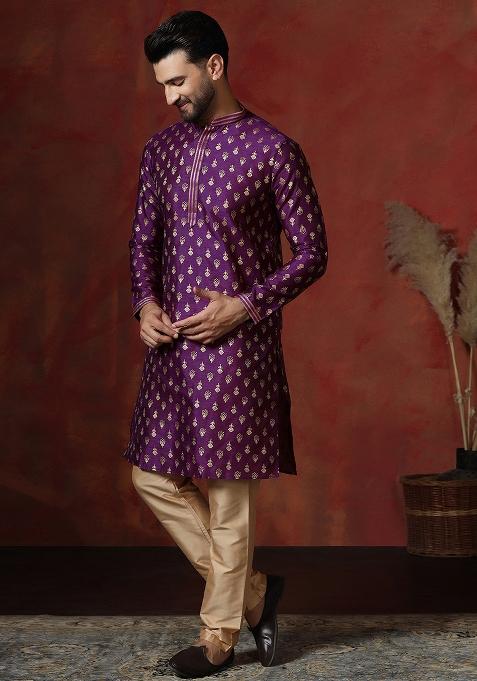 Purple Printed Dupion Kurta Pyjama Set For Men