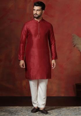 Red Solid Dupion Kurta Pyjama Set For Men