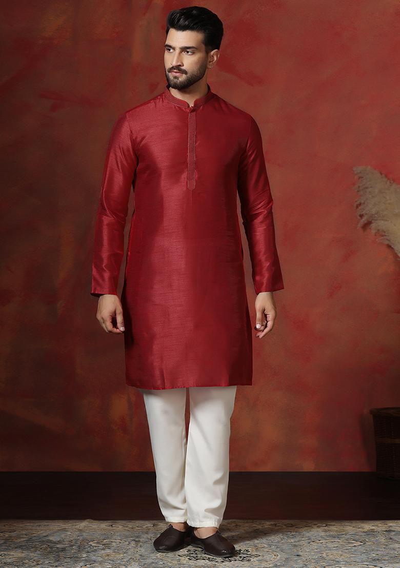 Red Solid Dupion Kurta Pyjama Set For Men