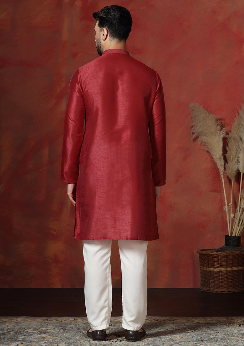 Red Solid Dupion Kurta Pyjama Set For Men