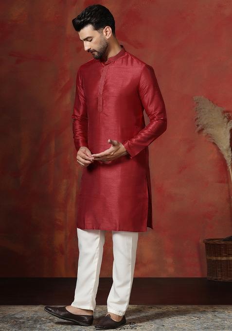 Red Solid Dupion Kurta Pyjama Set For Men