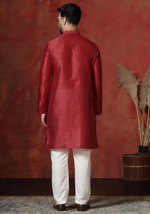 Red Solid Dupion Kurta Pyjama Set For Men
