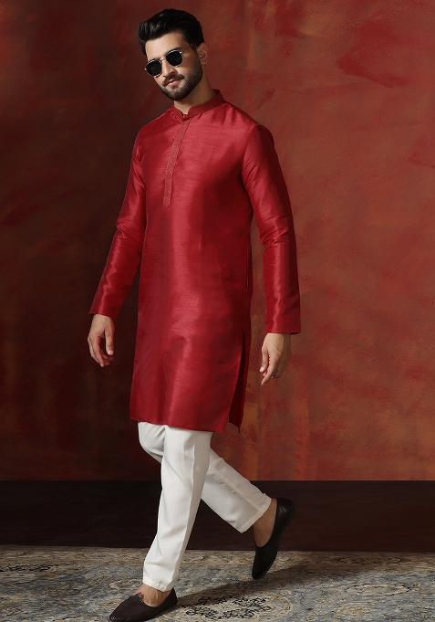 Red Solid Dupion Kurta Pyjama Set For Men