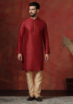 Red Solid Dupion Kurta Pyjama Set For Men