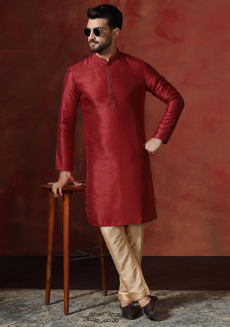 Red Solid Dupion Kurta Pyjama Set For Men - Indya