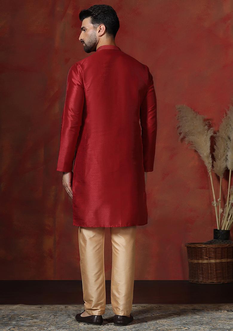 Red Solid Dupion Kurta Pyjama Set For Men