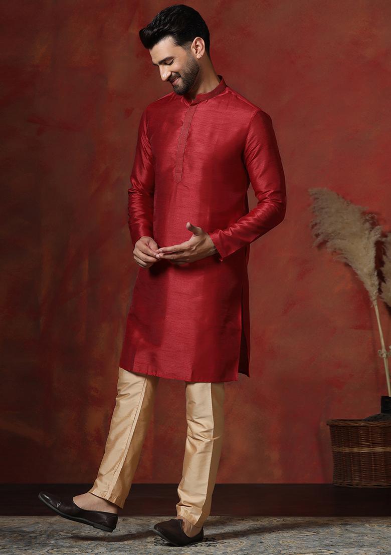Red Solid Dupion Kurta Pyjama Set For Men - Indya
