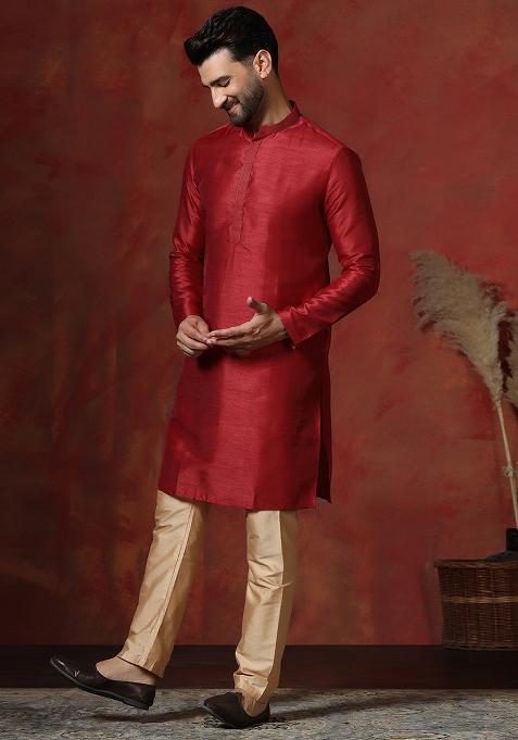 Red Solid Dupion Kurta Pyjama Set For Men