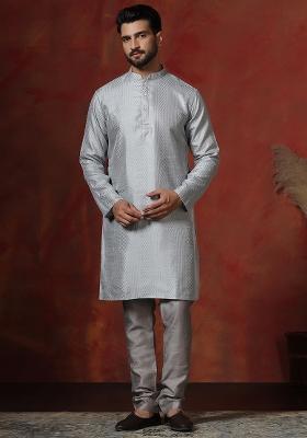 Grey Embroidery Bangalorian Silk Kurta Churidar Set For Men