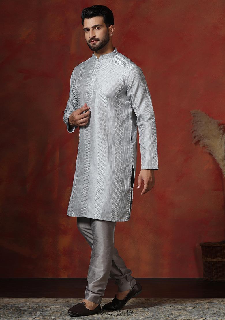 Grey Embroidery Bangalorian Silk Kurta Churidar Set For Men