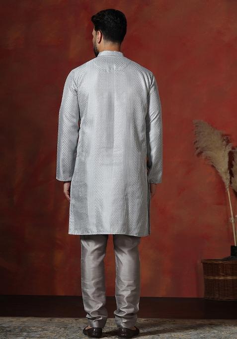 Grey Embroidery Bangalorian Silk Kurta Churidar Set For Men