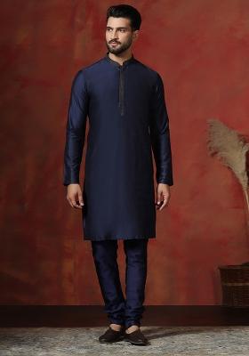 Navy Blue Solid Dupion Kurta Churidar Set For Men