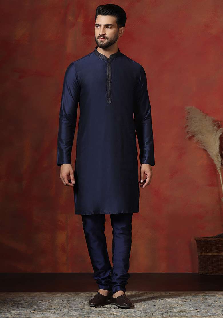 Navy Blue Solid Dupion Kurta Churidar Set For Men - Indya