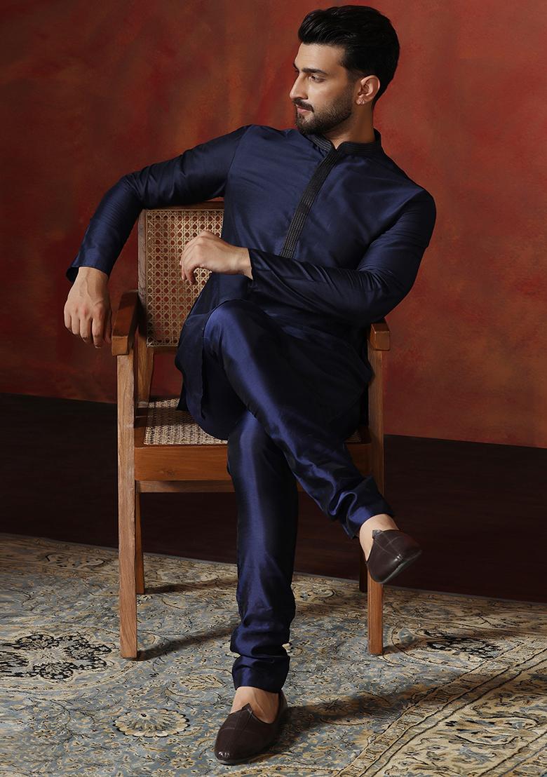 Navy Blue Solid Dupion Kurta Churidar Set For Men - Indya
