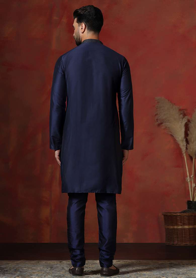 Navy Blue Solid Dupion Kurta Churidar Set For Men - Indya