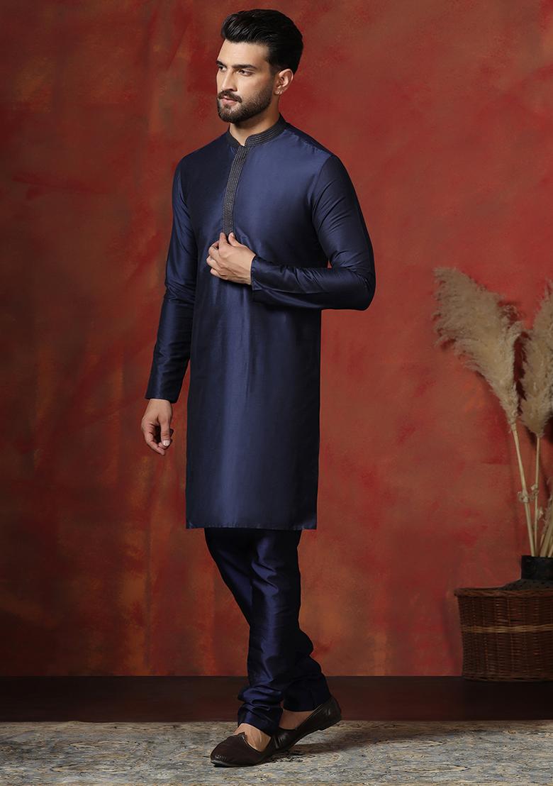 Navy Blue Solid Dupion Kurta Churidar Set For Men - Indya