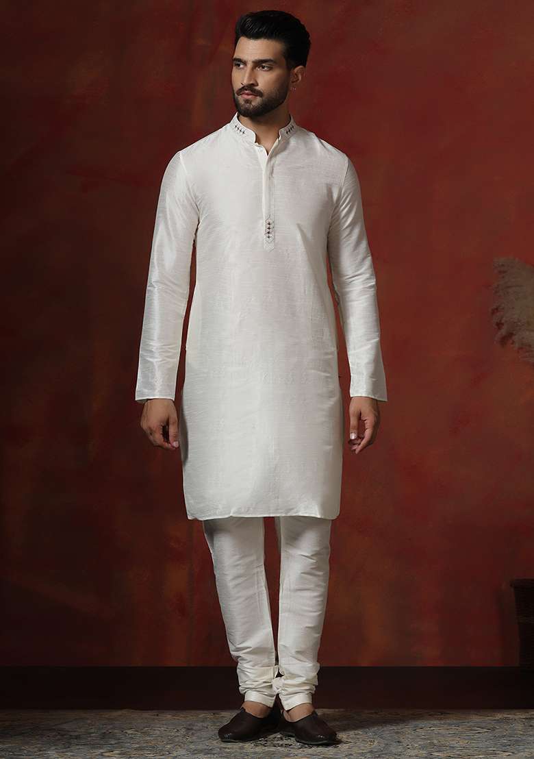 Cream Solid Dupion Kurta Churidar Set For Men - Indya