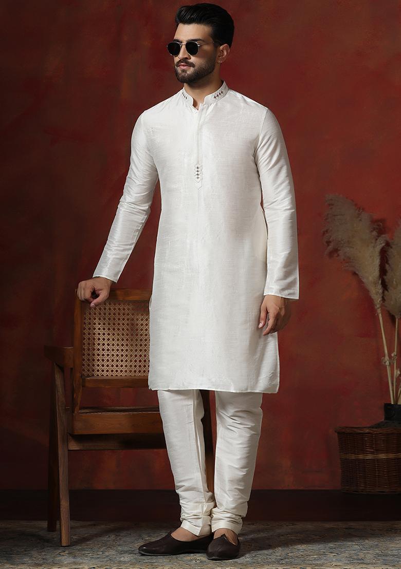 Cream Solid Dupion Kurta Churidar Set For Men - Indya
