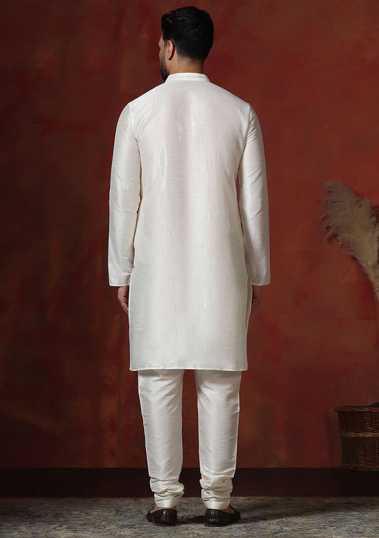 Cream Solid Dupion Kurta Churidar Set For Men - Indya