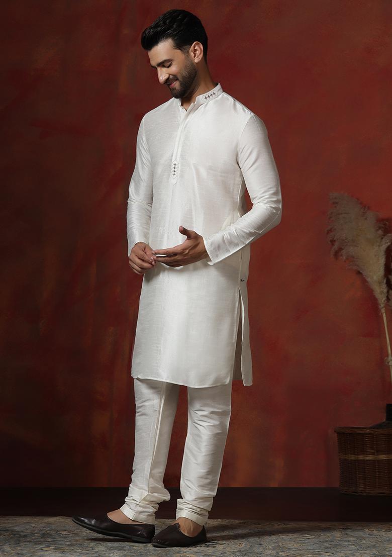 Cream Solid Dupion Kurta Churidar Set For Men - Indya