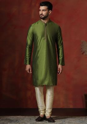 Green Solid Dupion Kurta Churidar Set For Men